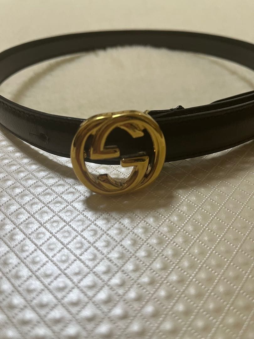 GUCCI グッチ　ブラックレザー ベルト　ゴールド　ダブルGロゴ
