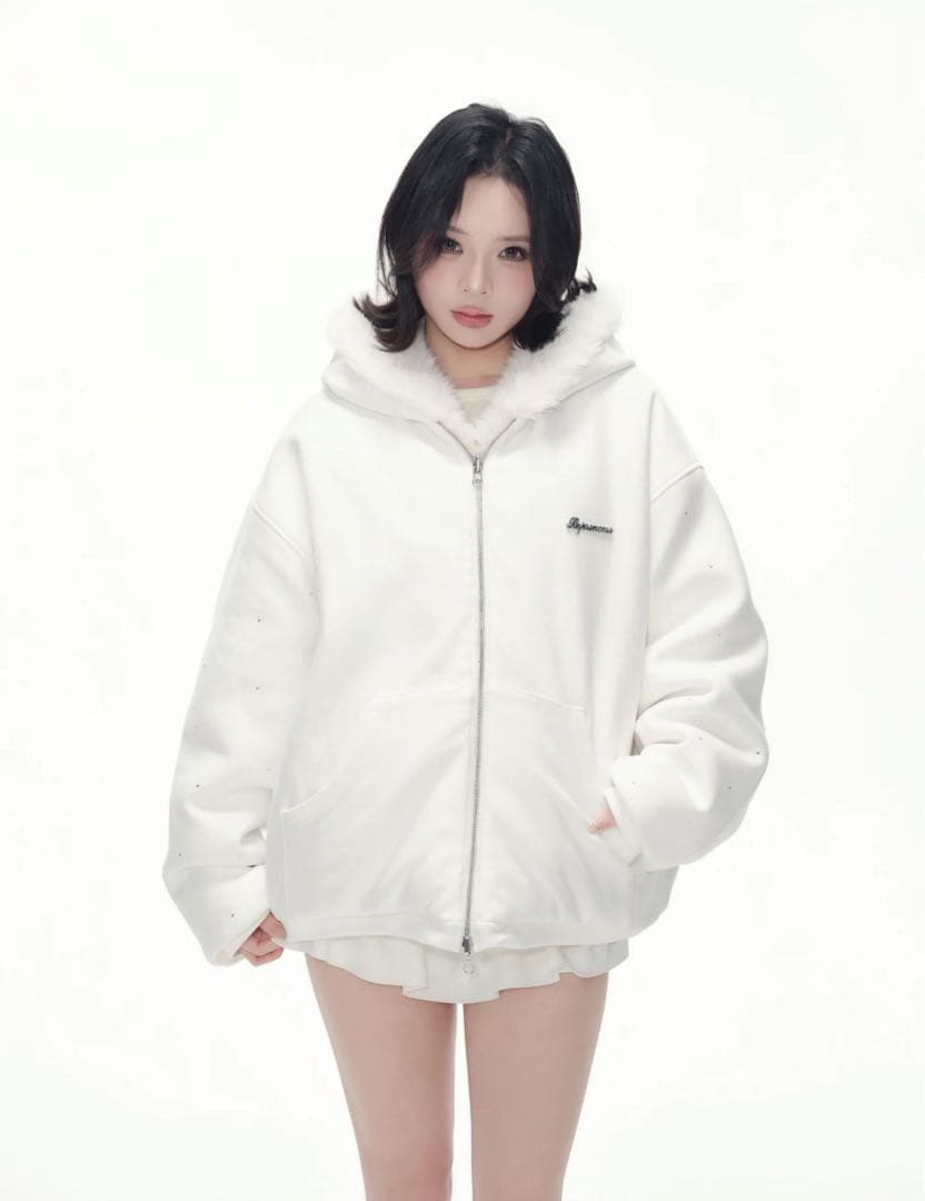 ジャケット・アウター Andwang Kirakira 2way fur zip up white