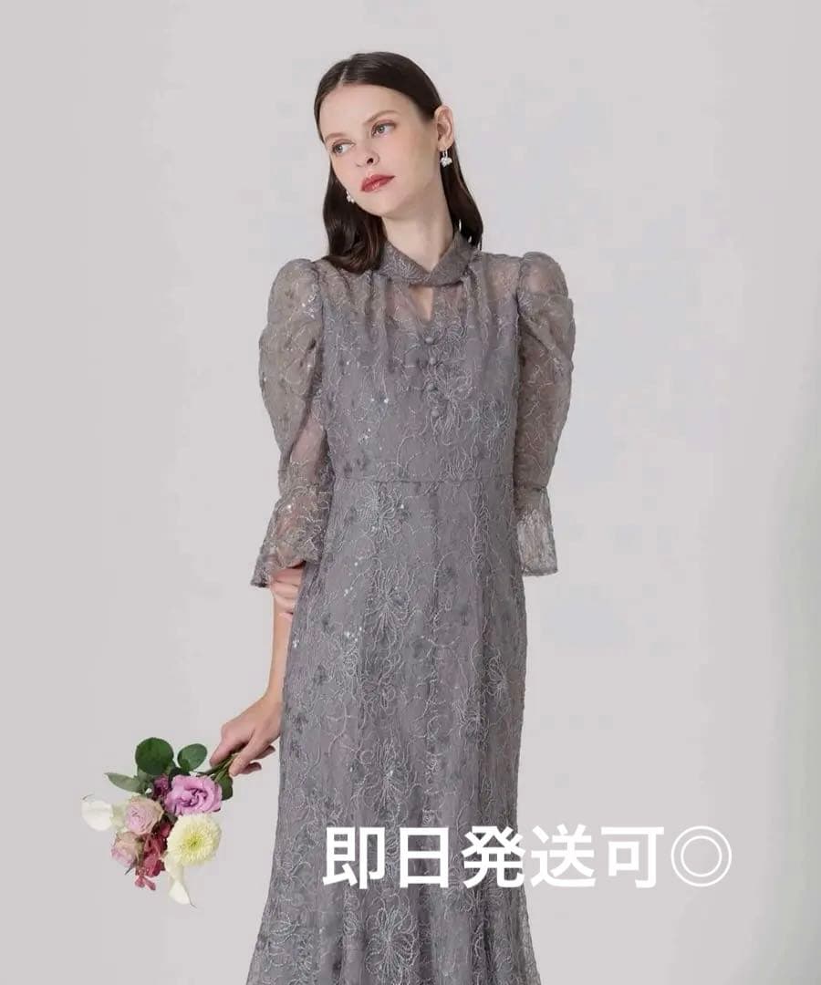 LEJA スパンコール花柄刺繍ソフトパフスリーブマーメイドラインドレスワンピース