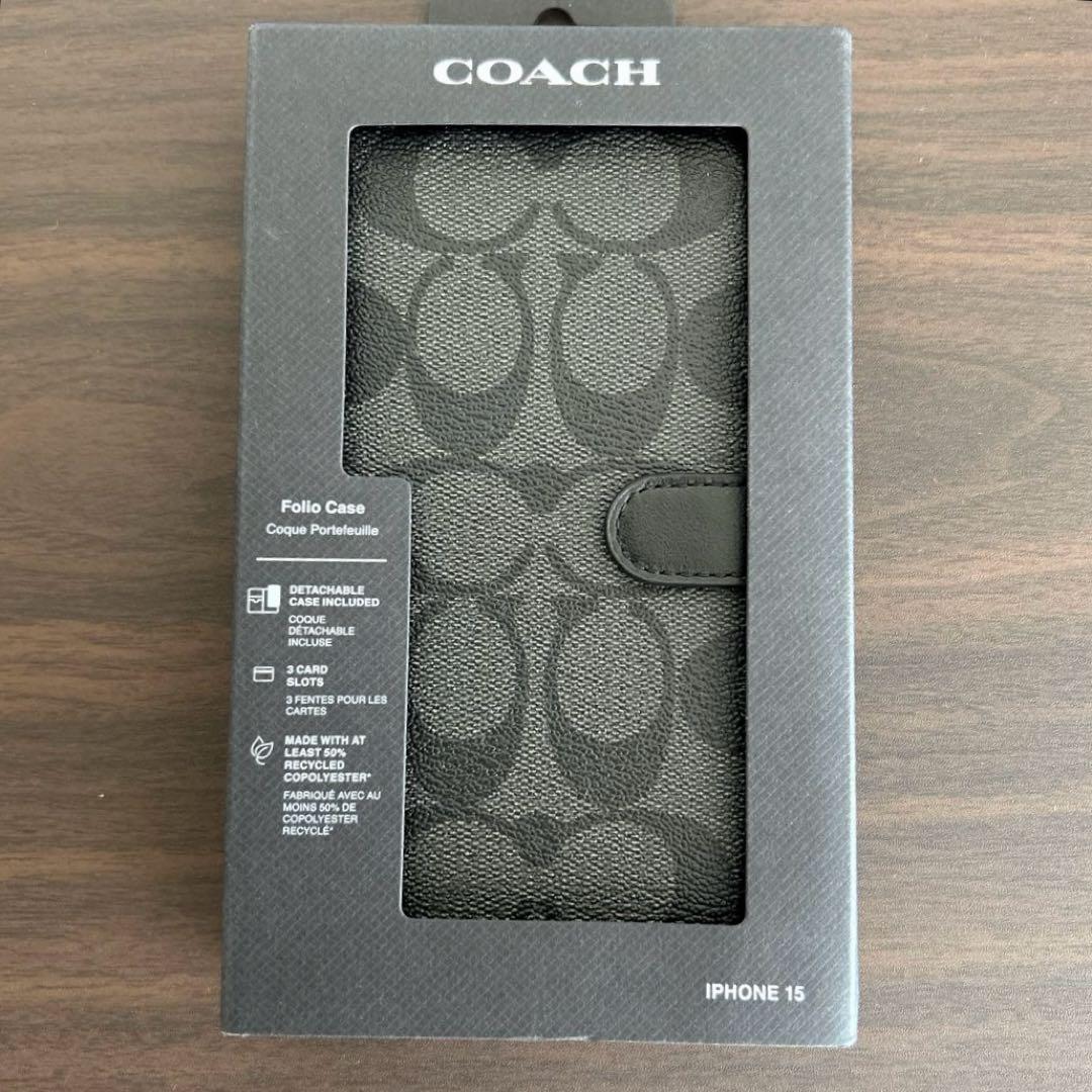 ①【新品】COACH レザー iPhone 15 ケース　手帳型スマホケース
