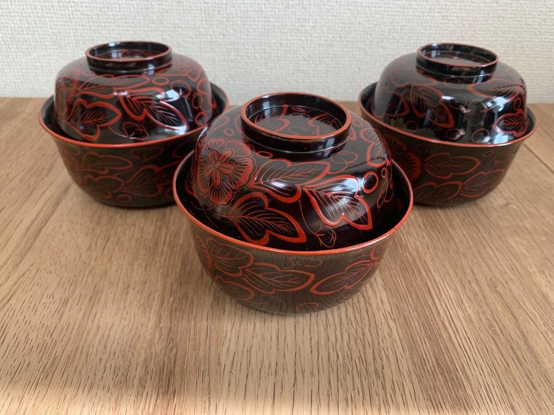 吉野塗　時代物　木芙蓉文のお椀3客　検懐石道具吉野塗　飯碗　吸物椀　珍品　蓋皿