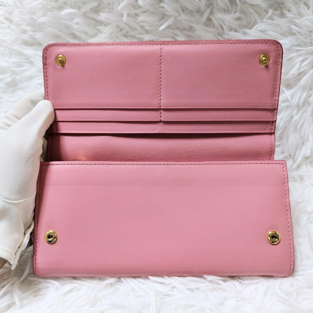 レア美品✨ミュウミュウ◇パスケース付きフラップ長財布りぼんバイカラーピンクグレー