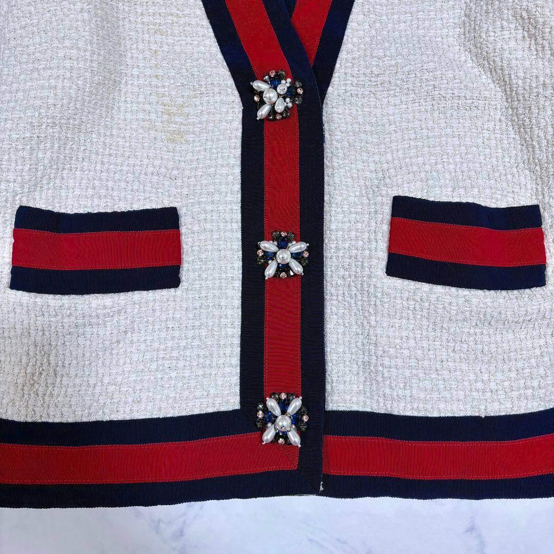 美品 グッチ 40 ツイード カーディガン ウェブ パール ビジュー ジャケット