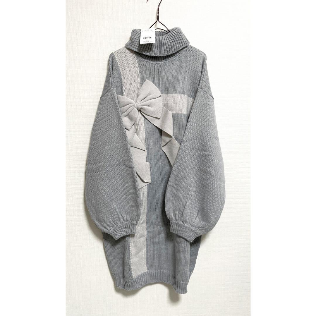 merry jenny 新品 ブルー プレゼントリボンタートルニットワンピース