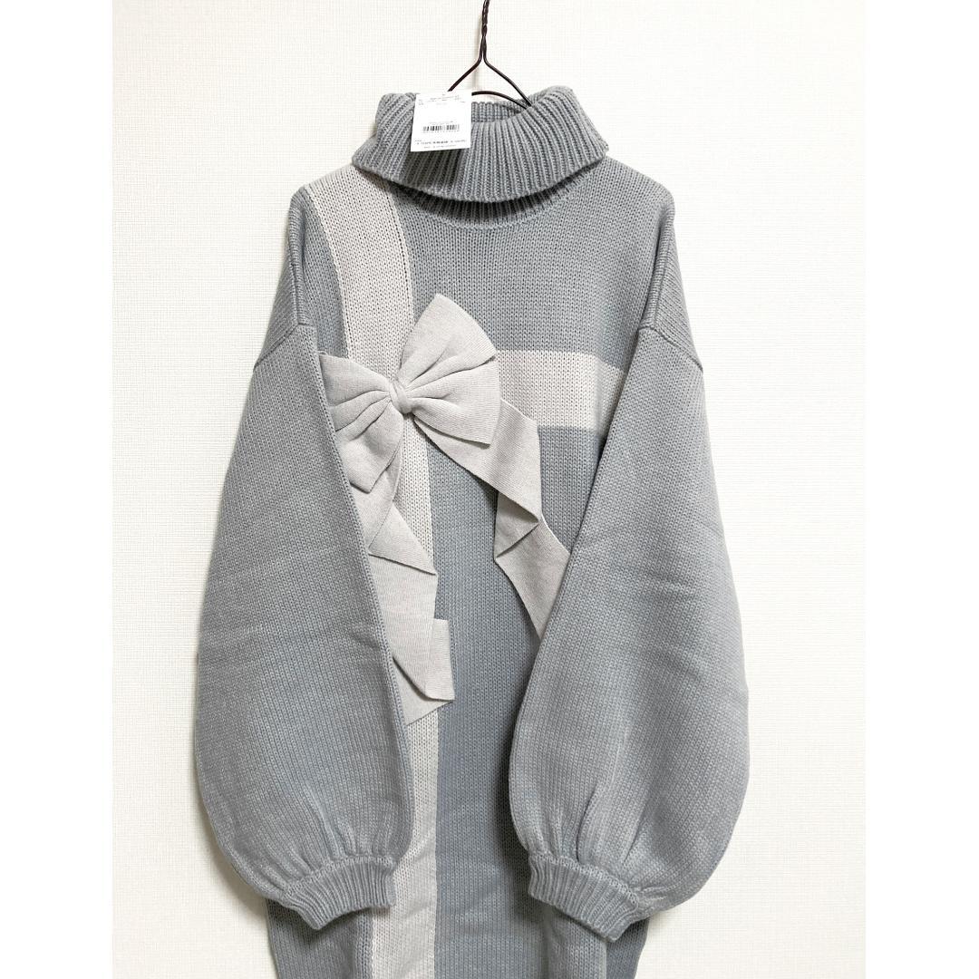 merry jenny 新品 ブルー プレゼントリボンタートルニットワンピース