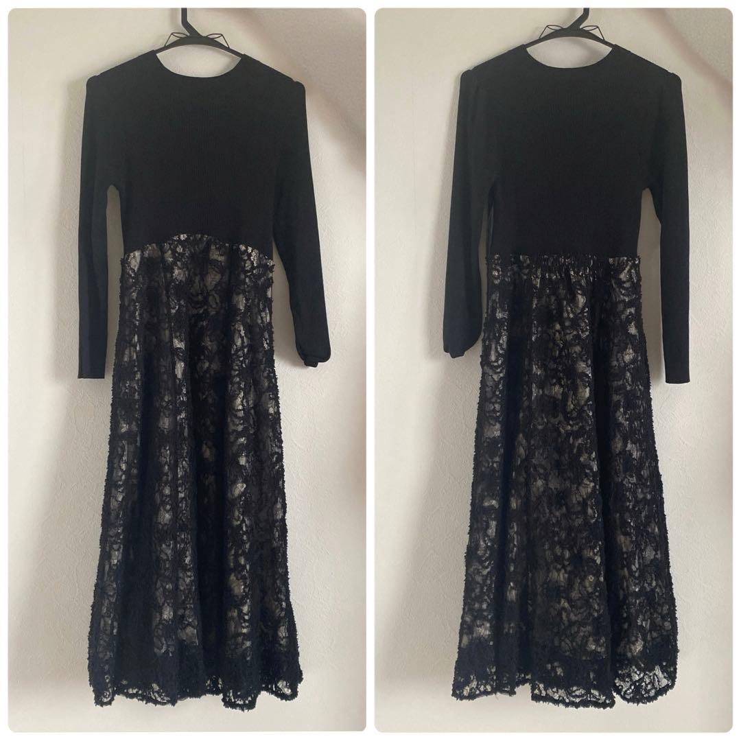 黒 レース ニット ロングワンピース