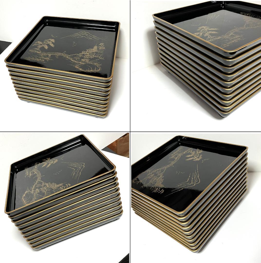 【蔵出し】懐石御膳 輪島塗 二度塗 美術漆器 沈金楼閣山水の図 10客 未使用品