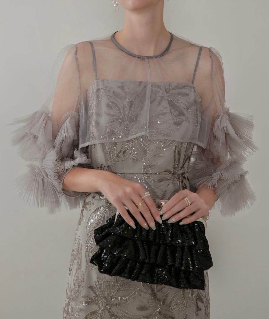 LEJA フラワースパンコールチュールフリルスリーブIラインワンピースドレス　S