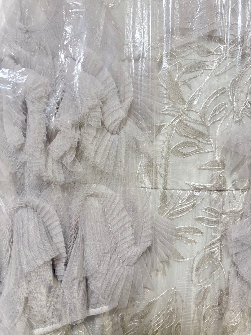 LEJA フラワースパンコールチュールフリルスリーブIラインワンピースドレス　S