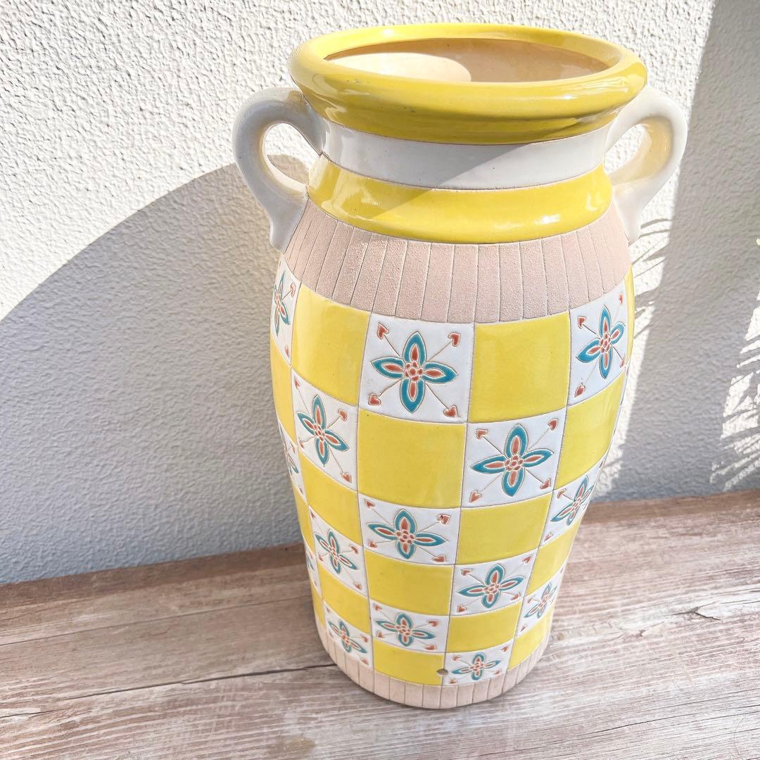 ヨーロッパ製　タイル模様　傘立て　プランター　壺　フラワーポット　北欧