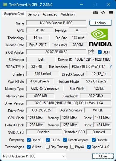 NVIDIA Quadro P1000 グラフィックボード（ロープロファイル）