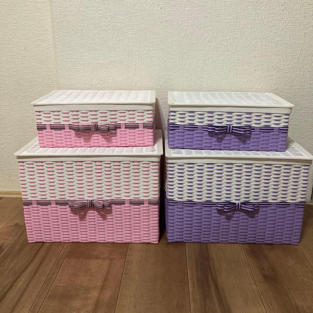 あめちゃんページ　エコクラフト　クラフトバンド　蓋付き収納かご4個