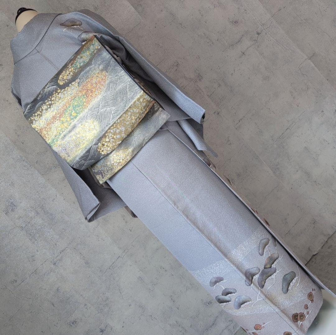 訪問着　フルセット　着物　正絹　グレーシルバー　松梅　寿　祝い事　O4r