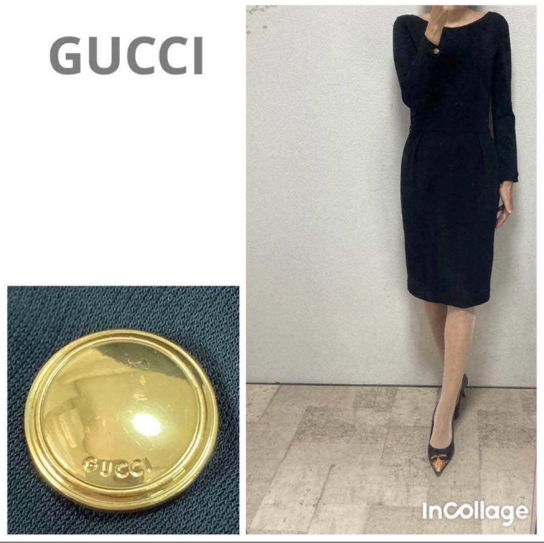 グッチ GUCCI ジャージーワンピ S ブラック パーティー 背中開き　ロゴ釦