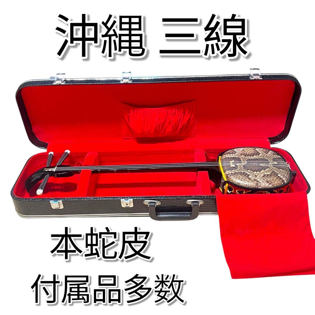 美品 沖縄 琉球 三線 本蛇皮 蛇革 ヘビ 初心者 入門 ハードケース付き