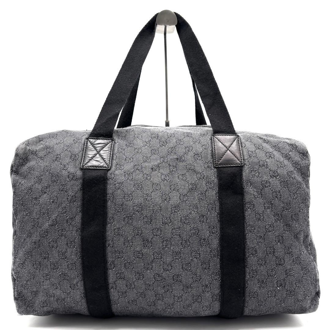 【美品】グッチ ボストンバッグ GGキャンバス 黒 折り畳み ポーチ付き 大容量