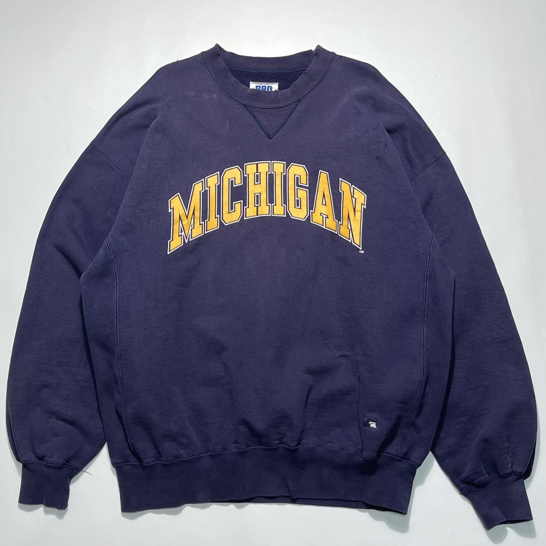 90s ラッセル USA製 リバースウィーブ型 ナス紺 ミシガン 前V 7668