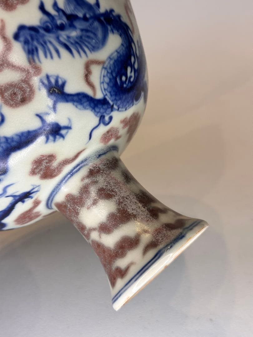 大明宣徳年製底款 高台高杯 青花染付 二龍戯珠文 瑞雲文 果子器 古董品 古陶磁