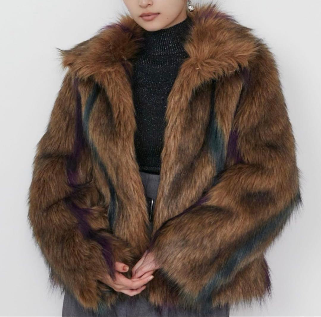 ブラウン マルチカラー ファーコート