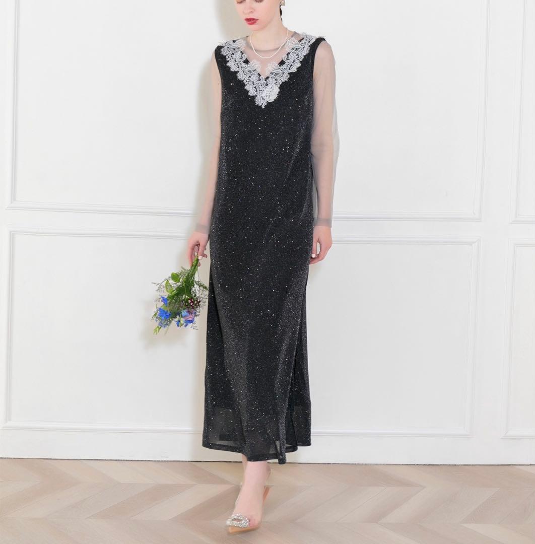 leja ラメ　レース装飾付きロングドレス　ブラック　ワンピース　オケージョン