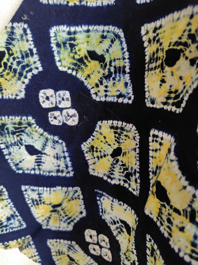 幾何学模様　手縫いで絞り風　ろうけつ染め紺地に緑、黄緑、黃、白の柄です