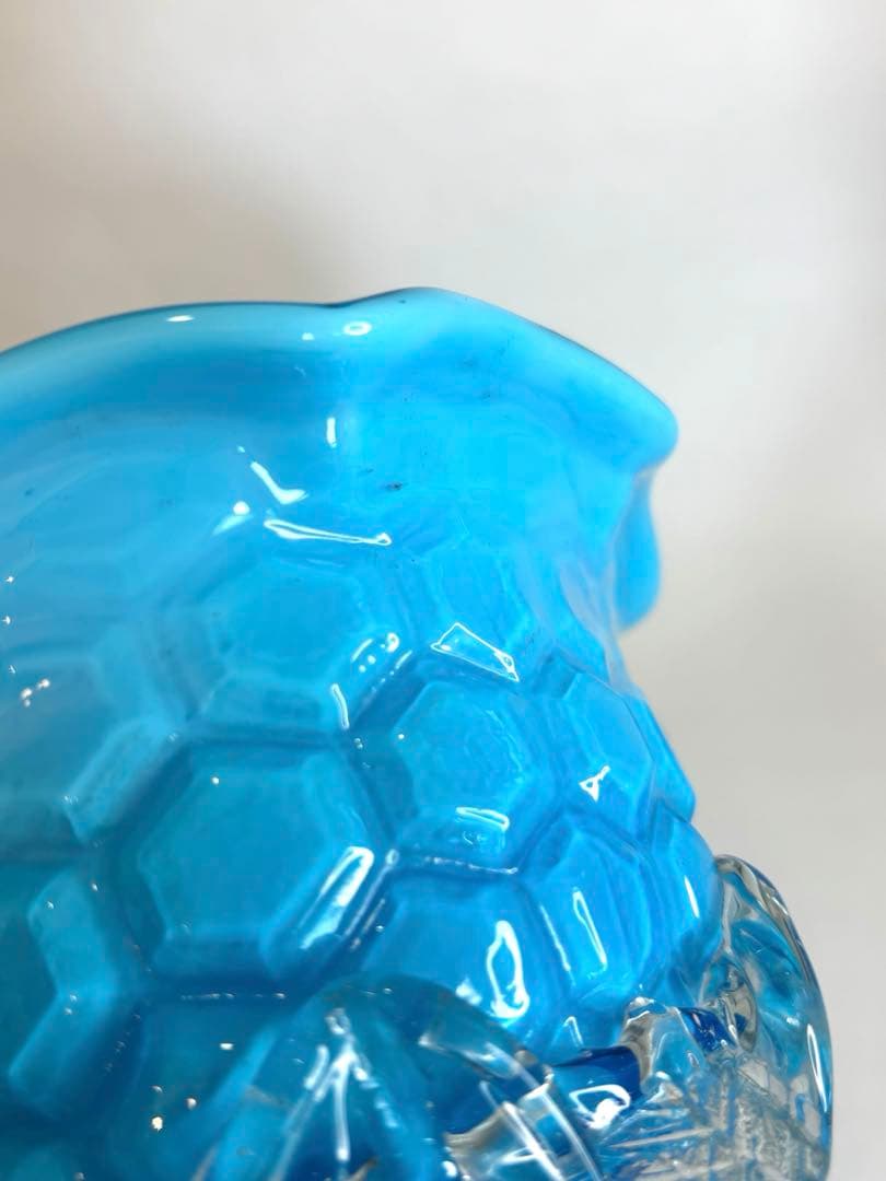 昔ガラス　アンティーク　花縁　フリル　亀甲紋様　ガラス　コンポート　ブルー