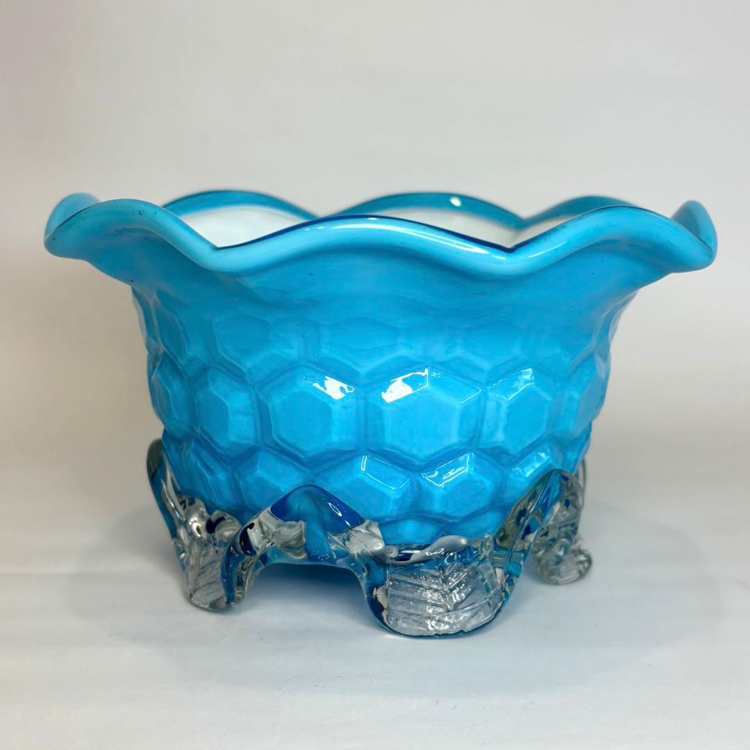 昔ガラス　アンティーク　花縁　フリル　亀甲紋様　ガラス　コンポート　ブルー