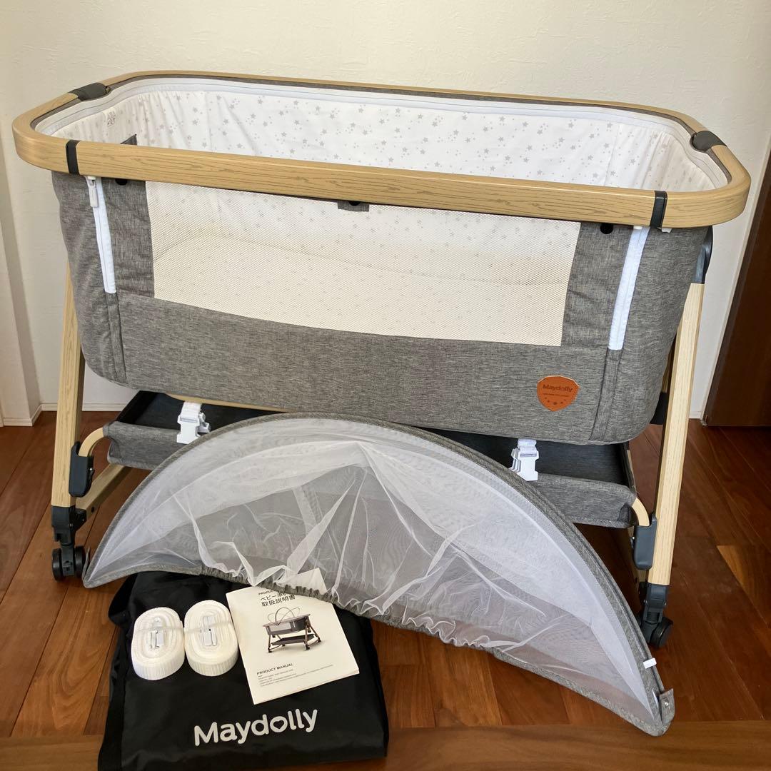 ベビーベッド　Maydolly グレー　折りたたみ　キャスター　ゆりかご　蚊帳
