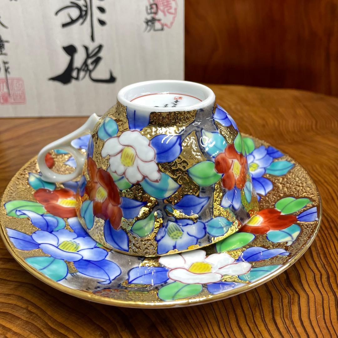 有田焼 金龍窯 江口天童 コーヒーカップ　金彩椿絵 珈琲碗　共箱