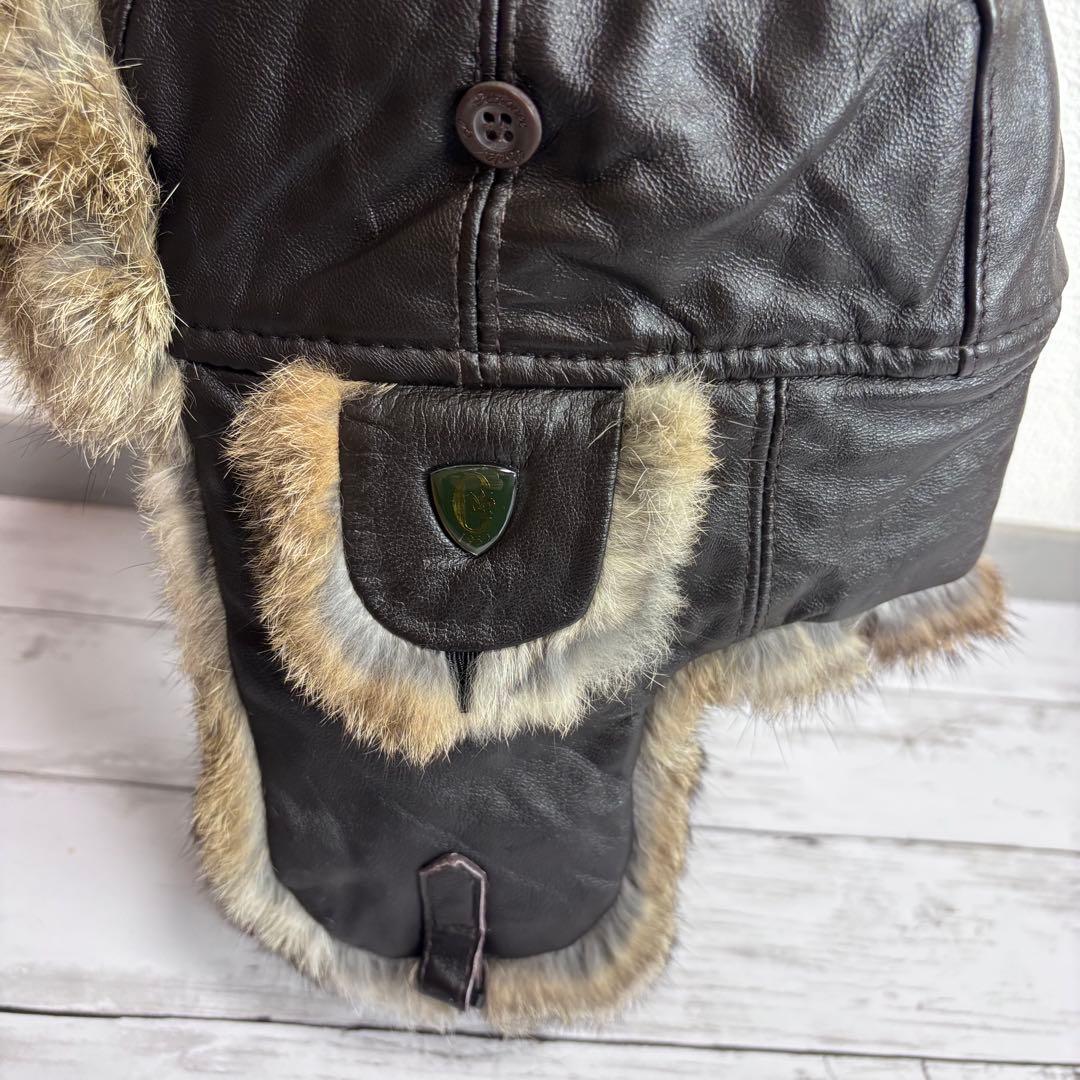 本革 フライトキャップ 60 ブラウン ゴートスキン ラビットファー 耳当て付き