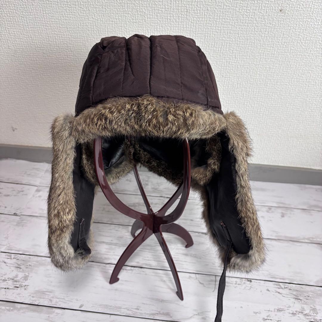 本革 フライトキャップ 60 ブラウン ゴートスキン ラビットファー 耳当て付き