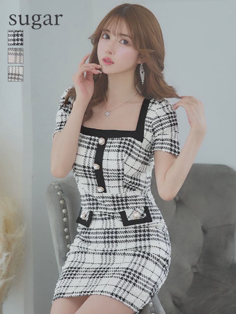 【an／アン】1万円割引！！半袖ワンピース／チェック・タイト・キャバドレス