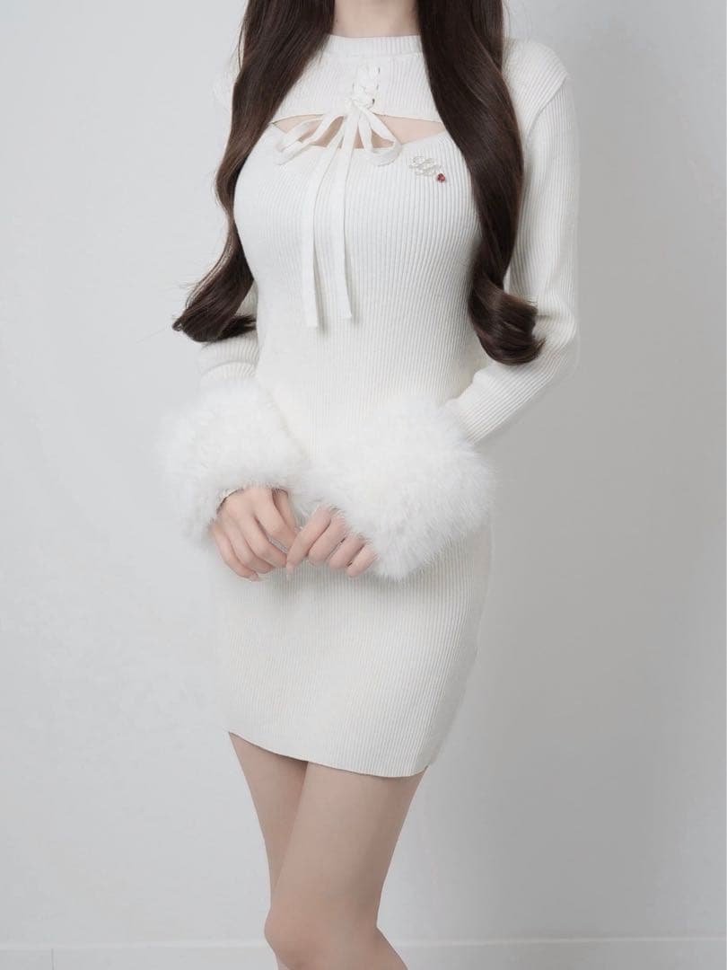 ワンピース lumignon Fur cuff ribbon knit onepiece