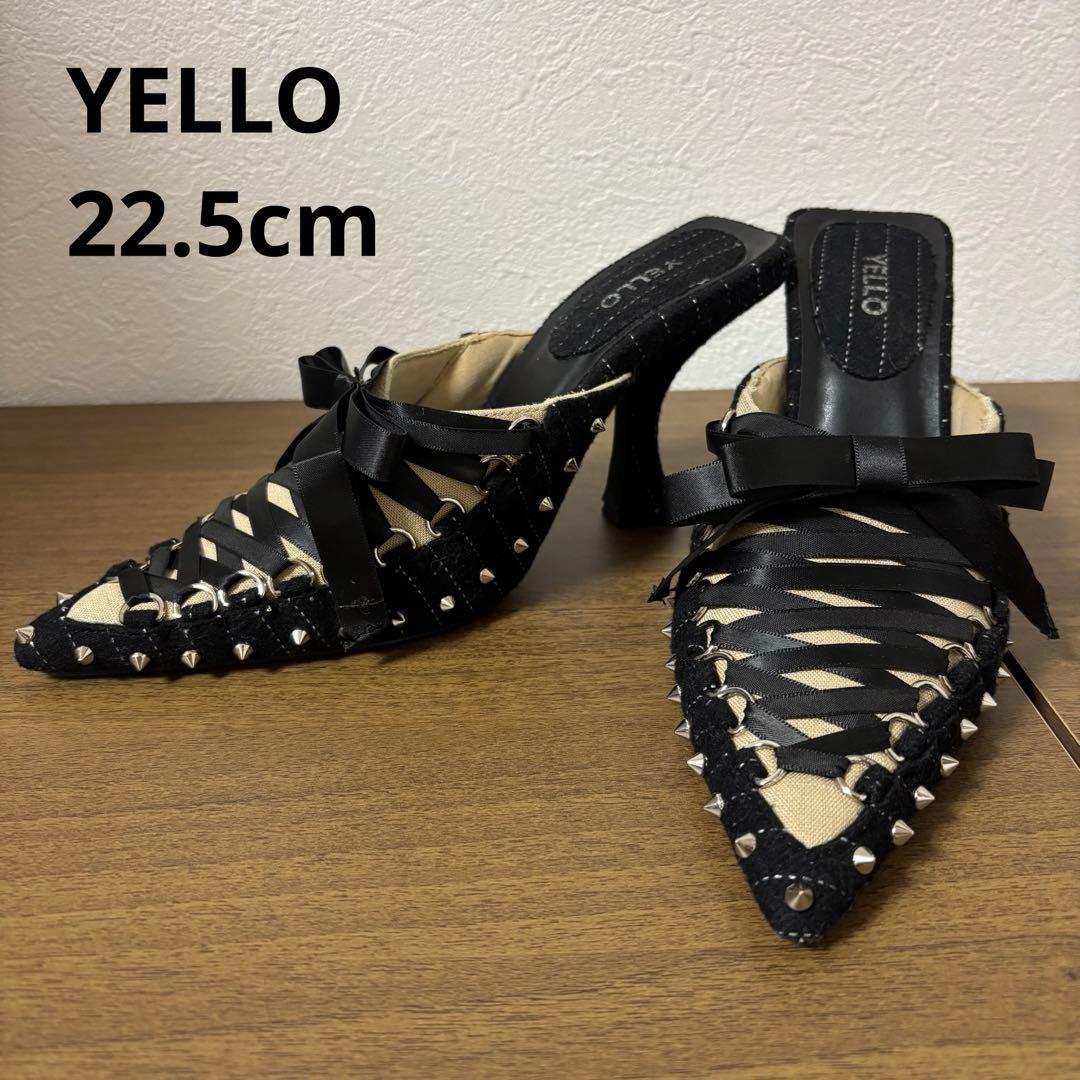 YELLO イエロ リボン ミュール サンダル ハイヒール スタッズ ブラック