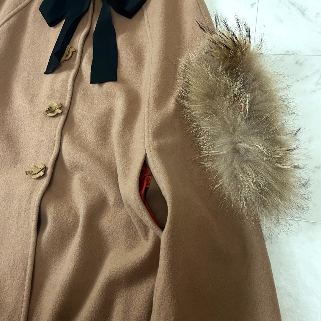 ランバンオンブルー ケープ ポンチョ M ファー 毛皮 リボン付き ベージュ