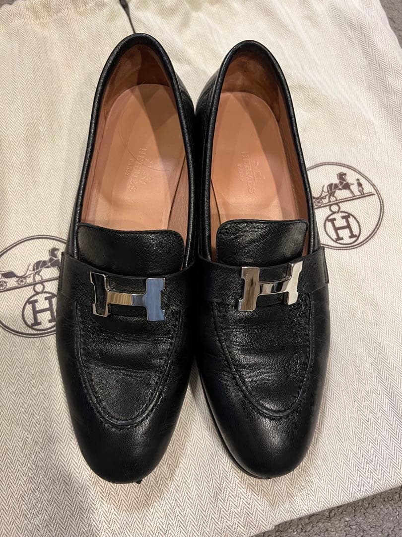 エルメス　HERMES レザー 黒 ローファー
