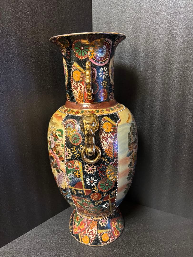 薩摩焼 大壺 着物美人画 騎馬武将 金彩色絵 青粒花瓶