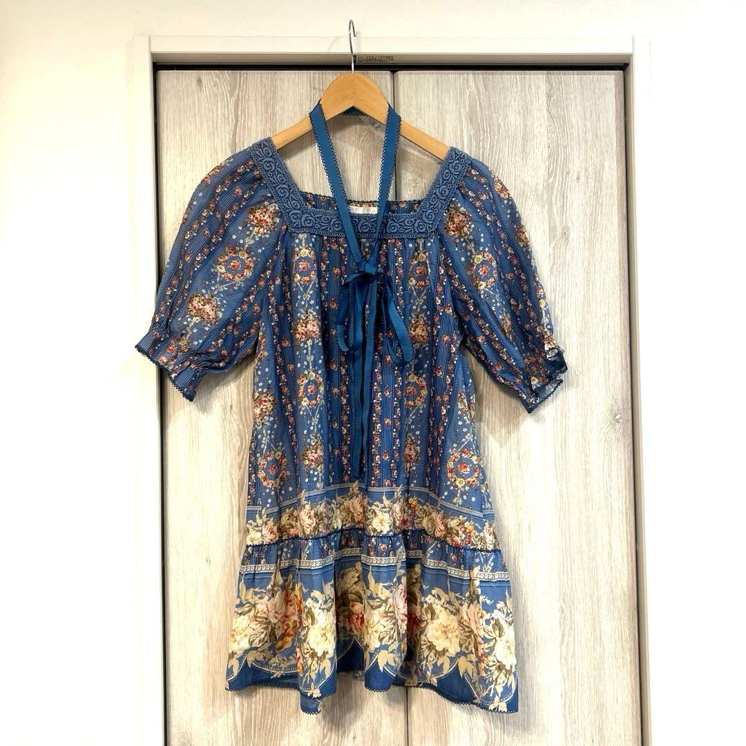 ピンクハウス チェリーローズ　ブラウス チュニック ブルー系 花柄