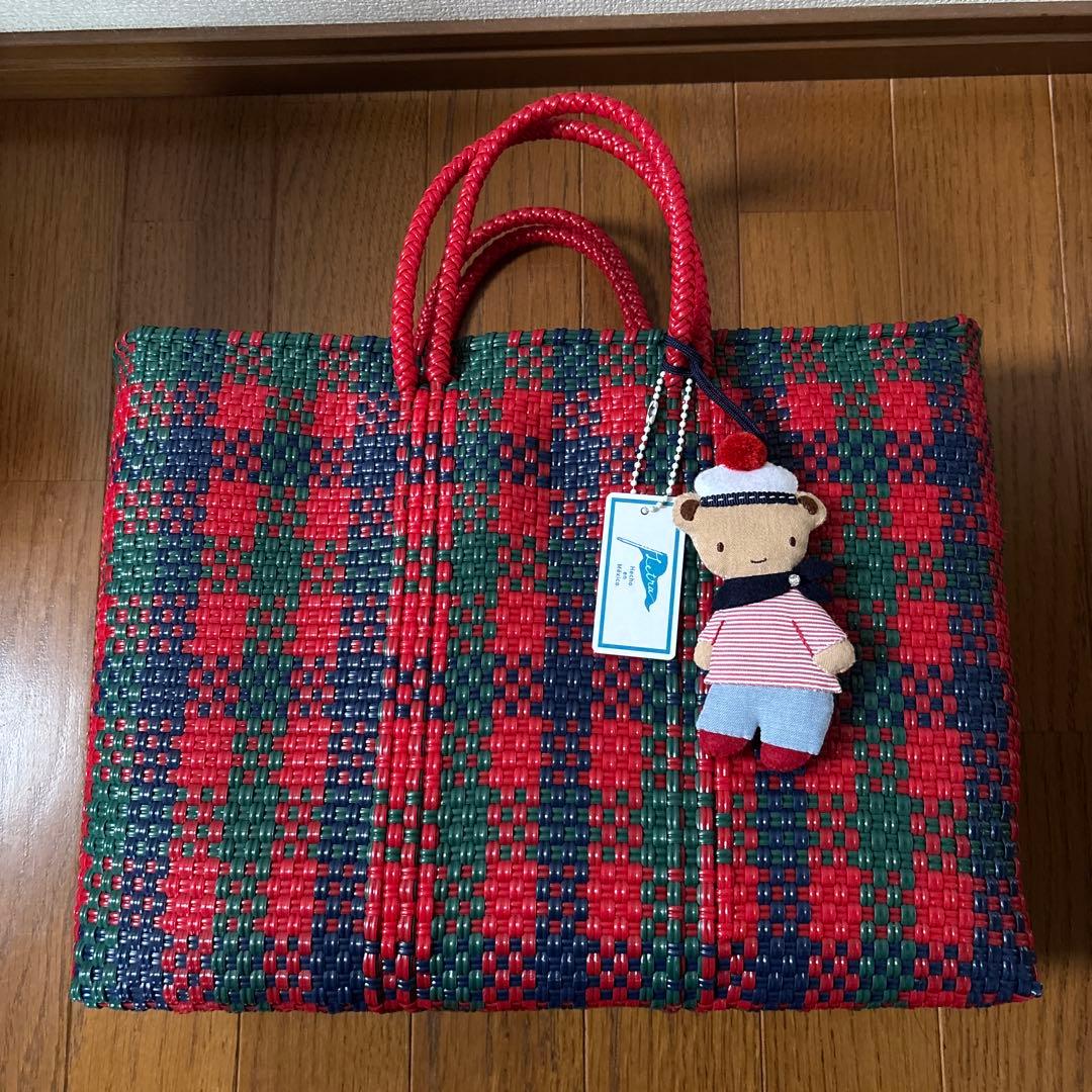 ファミリア　かごバッグ　メルカドバッグ　赤チェック