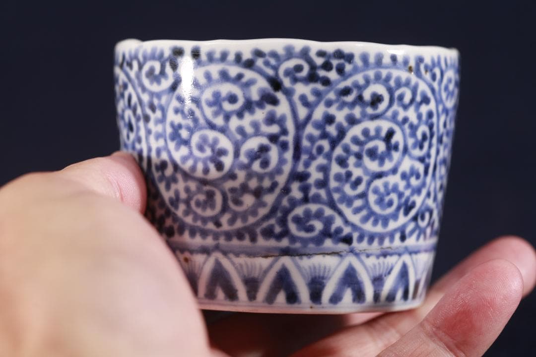 413　古伊万里染付蓮高台蛸唐草見込松竹梅図蕎麦猪口　江戸中期　無傷