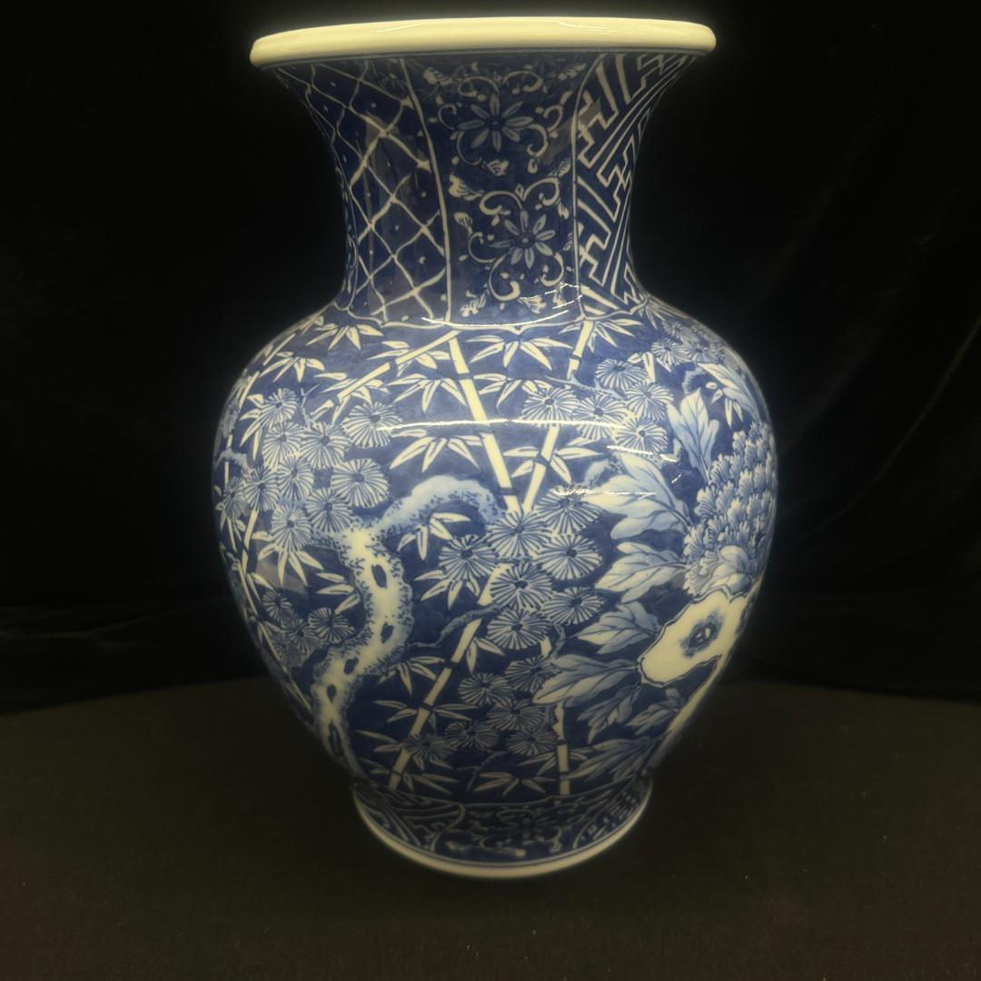 三川内焼 平戸祐祥 染付梅松竹花文祥瑞花瓶