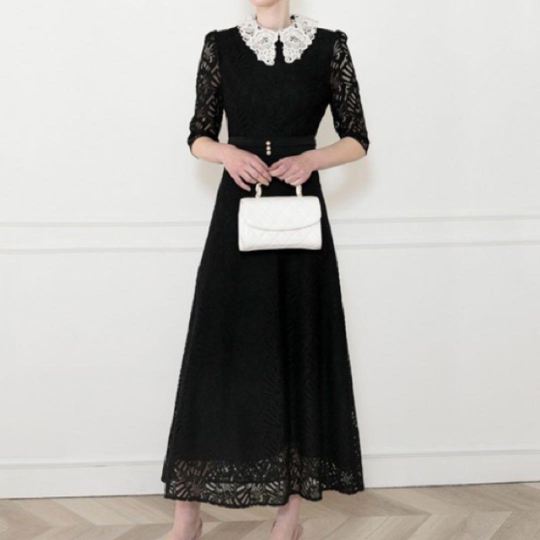 JEJAレースビッグカラー花柄ワンピースドレス レース襟付きブラックドレス