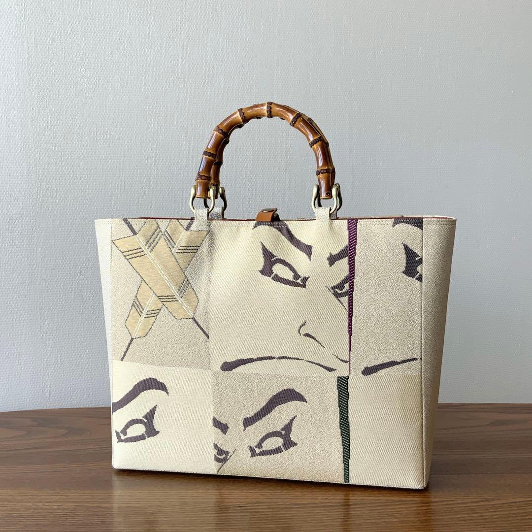 男前な歌舞伎柄の帯　リメイク　バンブーハンドルバッグ　通しマチタイプ