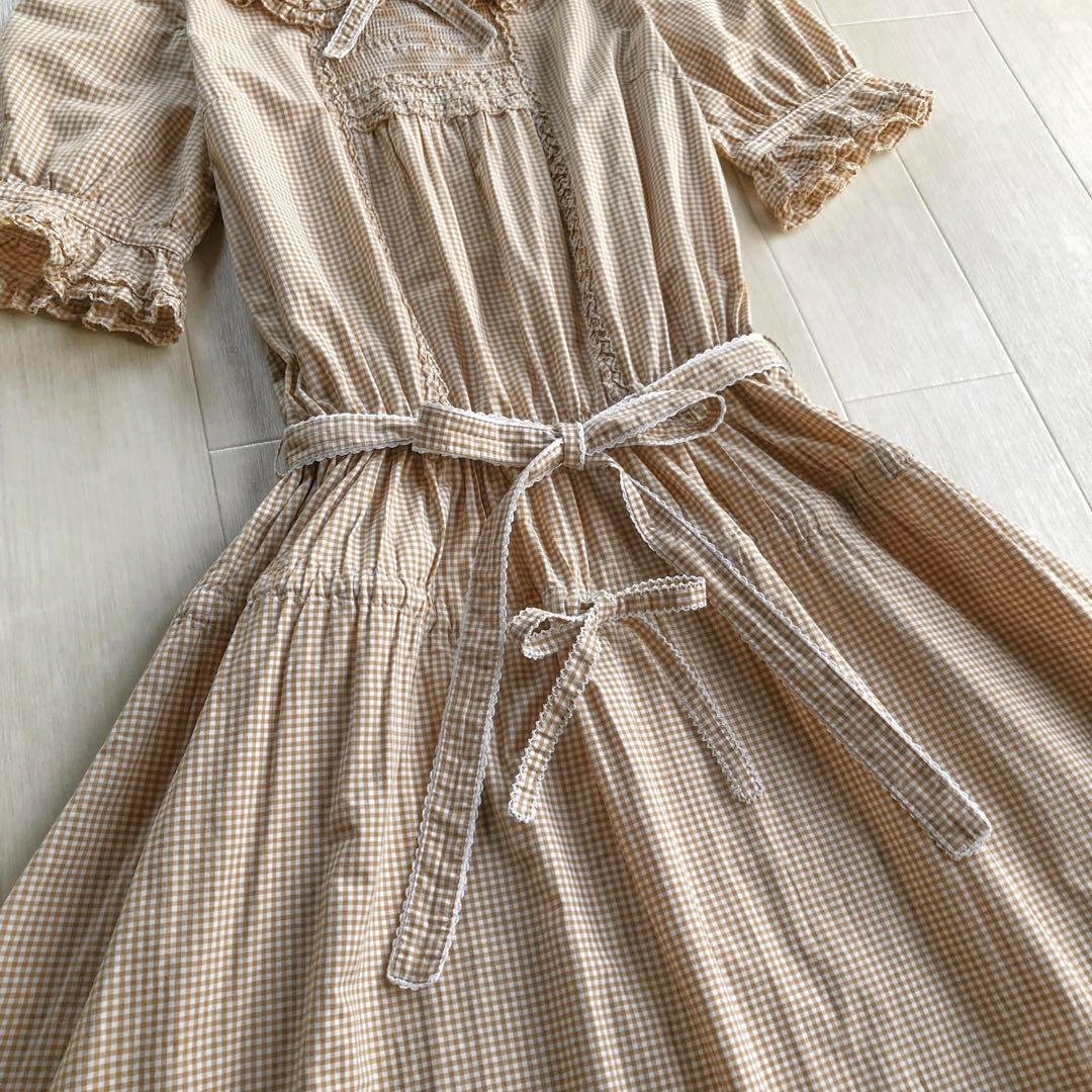 ピンクハウス 綿ローン ベージュ×白 チェック柄 ピコフリル ワンピース
