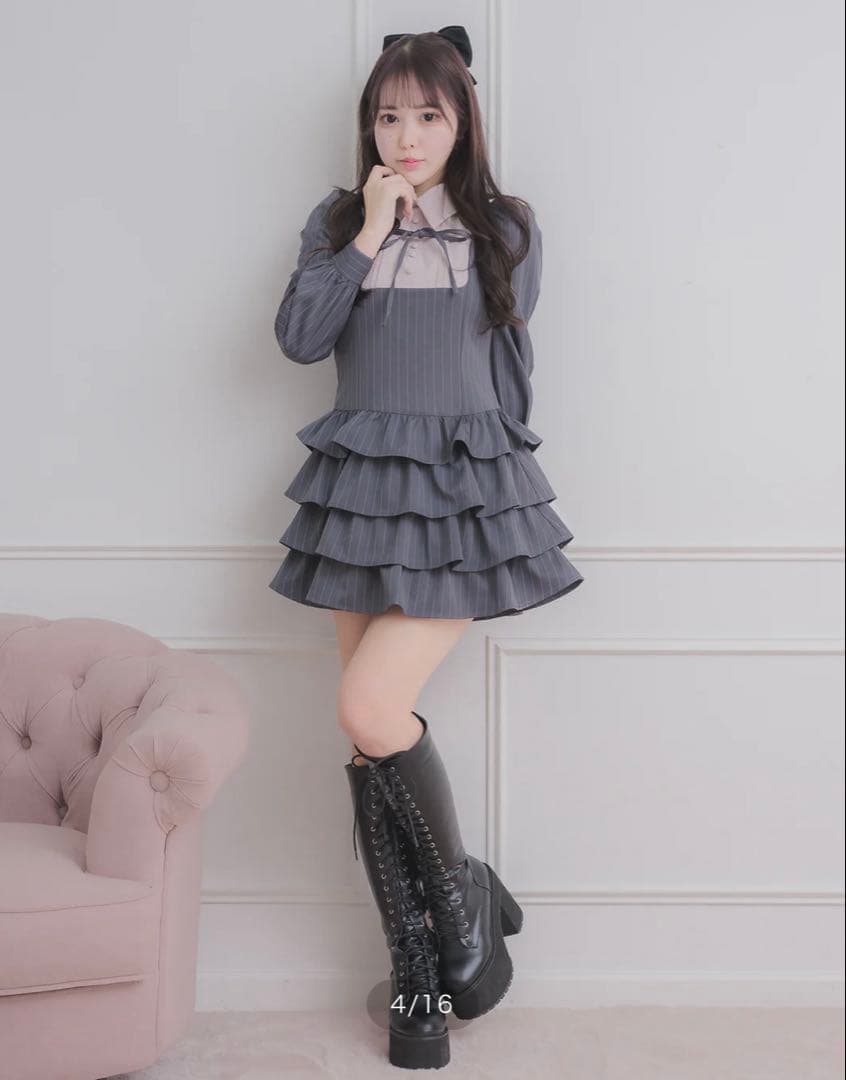 pium ぴうむ ヨーク切り替えティアードミニワンピース グレー