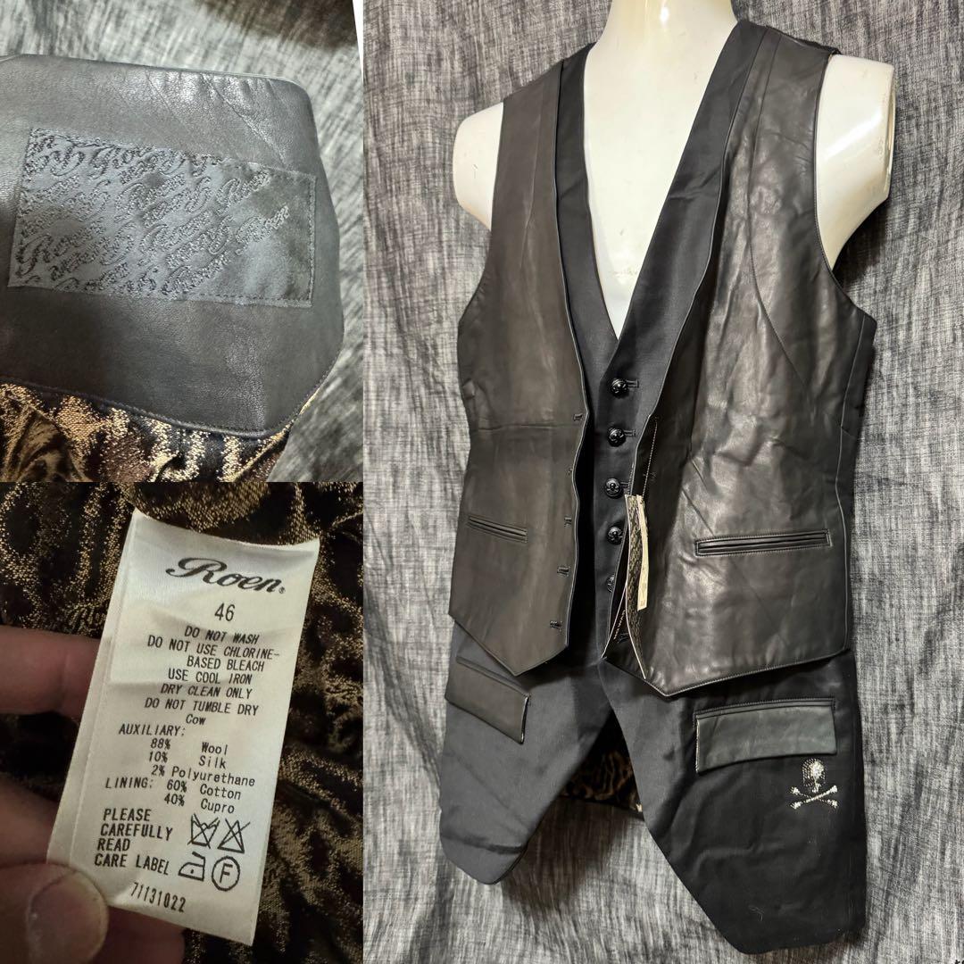 定価86900円 タグありROEN 牛革　レザーベスト　スワロスカル　ジレ　黒