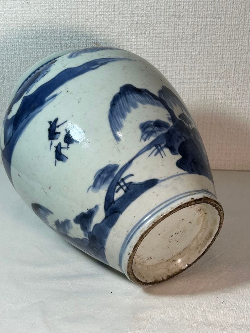 古伊万里　藍九谷染付沈香壷 江戸時代中期〜後期 口縁部朱漆修復