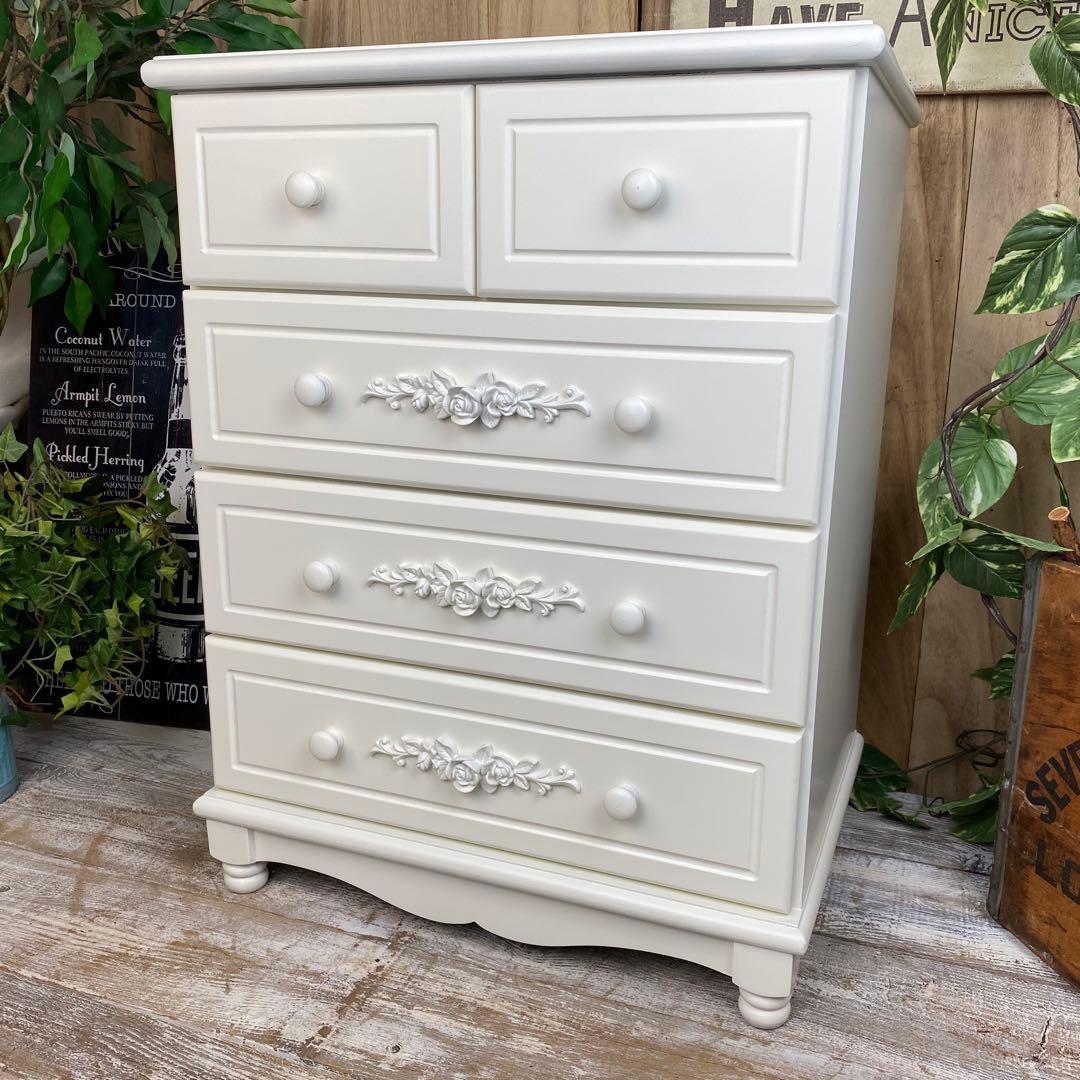 訳あり品【128】フレンチカントリー調ホワイトチェスト四段五つ引き木製タンス収納