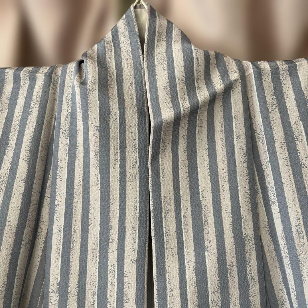 上質シルック　くすみブルー×ピンクストライプ　ポリエステル単衣　小紋