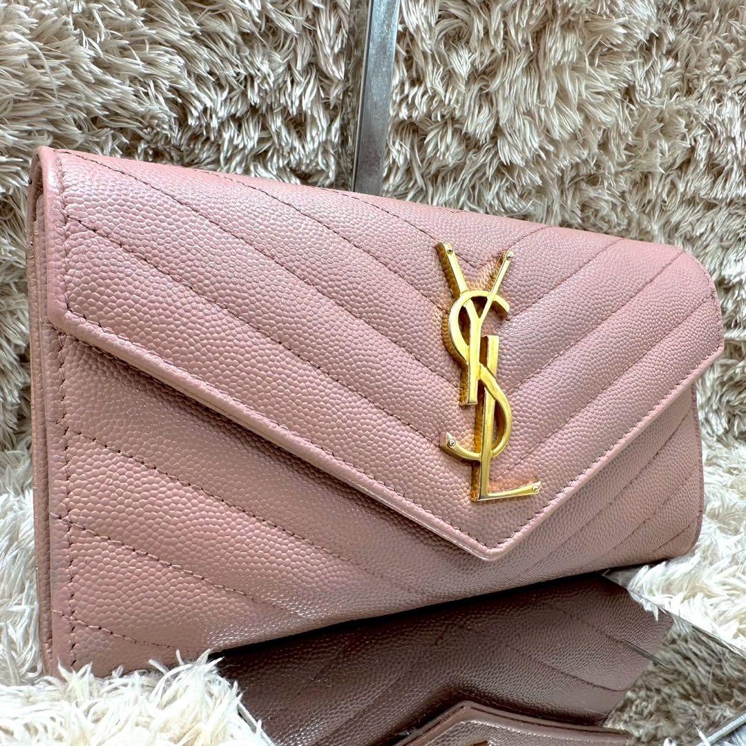 【美品】サンローラン 長財布 フラップ ピンクベージュ キャビアスキン